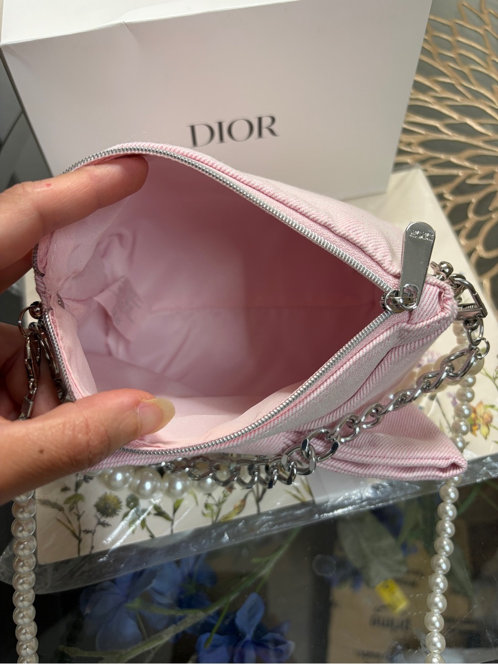 Dior Pink Bow Mini Shoulder Bag with Pearl & Chain Straps - Picture 12 of 16